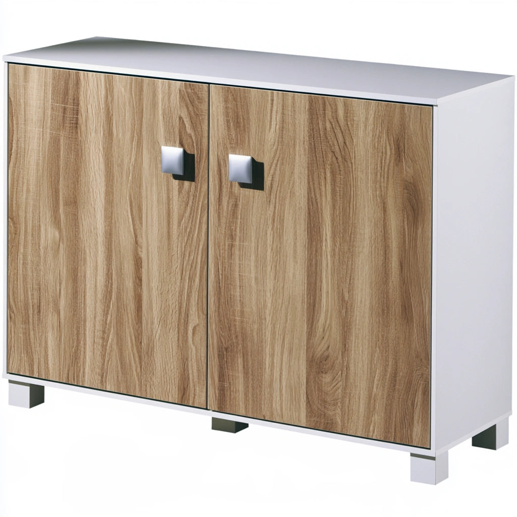 Gray bistroandbreeze storage cabinet with a two-tone design, low wide storage unit for organized space.