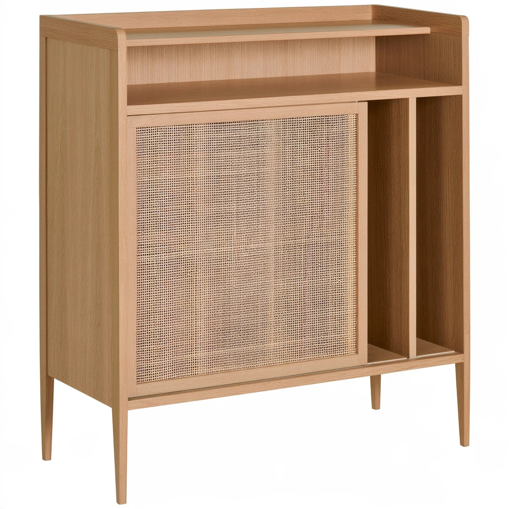 Light brown rattan storage cabinet from Bistroandbreeze with woven rattan sliding doors and a light oak wood finish.