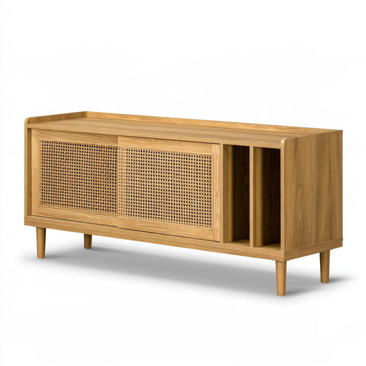 Light brown rattan storage cabinet from Bistroandbreeze with woven rattan sliding doors, ideal for stylish organization.