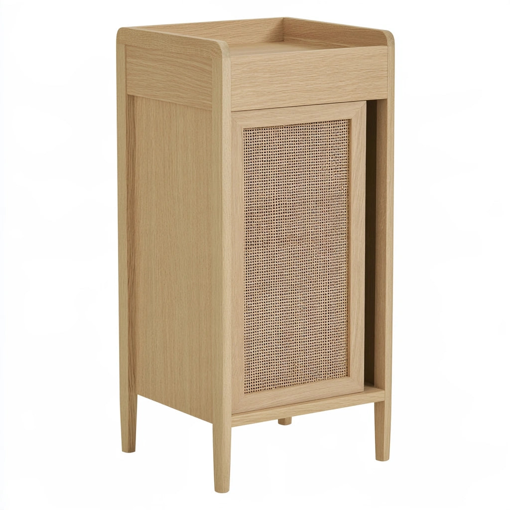 Light brown rattan storage cabinet by Bistroandbreeze with woven rattan sliding doors, perfect for stylish home organization.