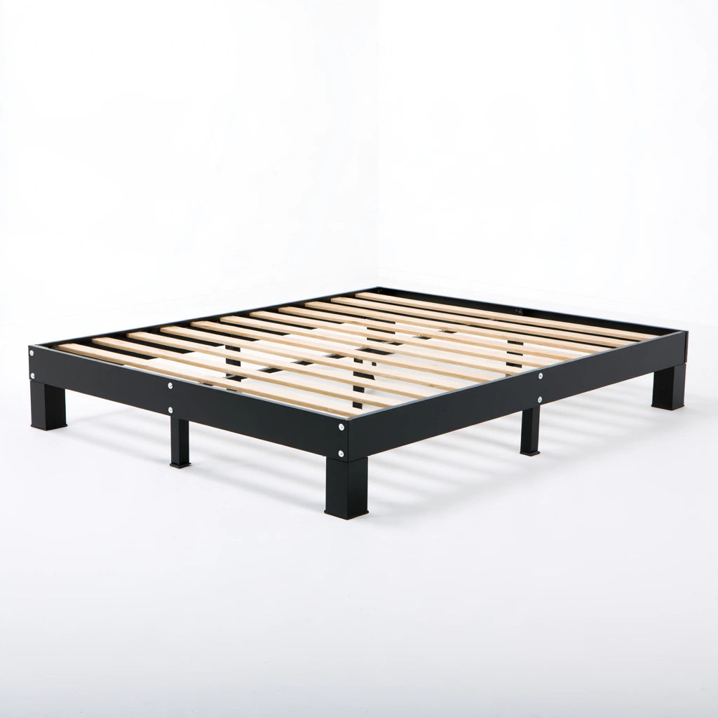 Wood and metal bedframe by Bistroandbreeze with a low profile, white finish, simple design, on a plain white studio background.