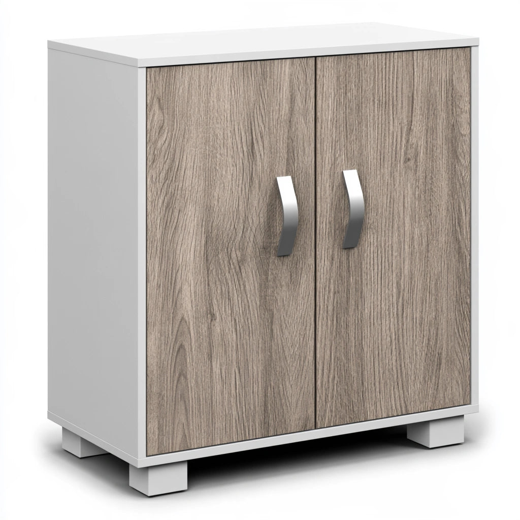 Gray bistroandbreeze storage cabinet with a two-tone design, featuring multiple compartments for organized storage.