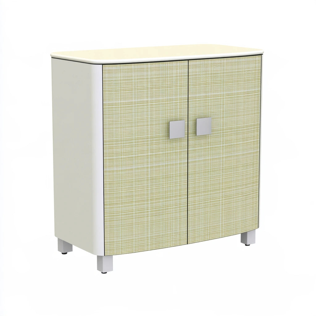 Gray storage cabinet by BistroandBreeze with a two-tone design, featuring a low, wide structure for organized storage.