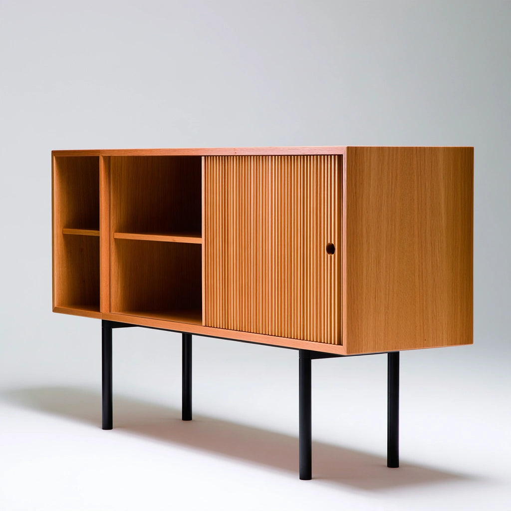 Wooden sideboard with rustic brown and light oak finish, showcasing a bistroandbreeze dressoir with a natural wood look and sleek design.